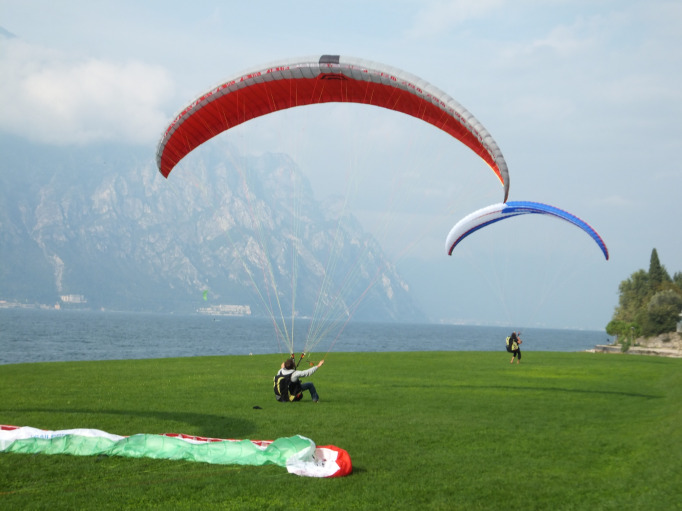 Tandem paragliding in front of the Bossons Glacier in Chamonix